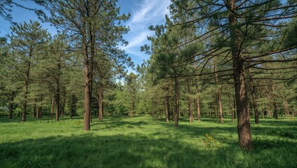 Obraz premium Scenic view of lush green pine trees in summer