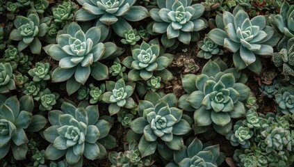 Succulent houseplants including Echeveria and Kalanchoe varieties, with Aloe ostifolia as a herbaceous member of the Aloe genus from the Asphodelaceae family, used for interior decoration.