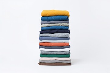 High pile of assorted folded garments ready for charity, laundering, pressing, and organizing. Collection of pre-owned clothing for giving away and repurposing. Idea of decluttering and simplifying