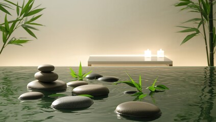 Smooth spa stones and green bamboo branches submerged in water on a bright surface