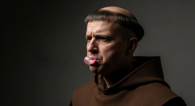 A friar with a distinctive haircut and solemn expression, blowing a small pink bubble gum bubble.