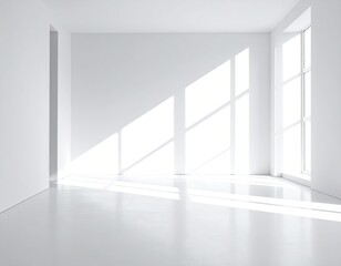 Modern minimalist empty white room with natural sunlight streaming through large windows