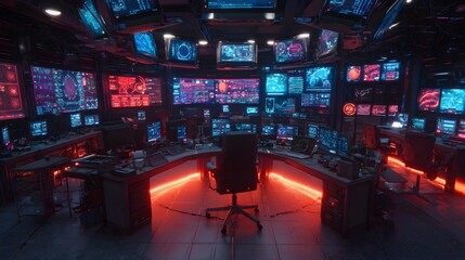 Futuristic command center displays glowing holographic data across multiple screens