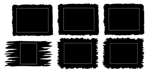 Set of vector grunge shapes blank in stoke and fill style for photo frame, Retro old paper picture frame template for nostalgia scrapbook. Vector brush rectangle grunge shape.