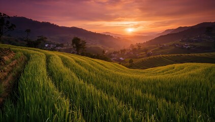 Fototapeta premium Sunset over layered rice fields