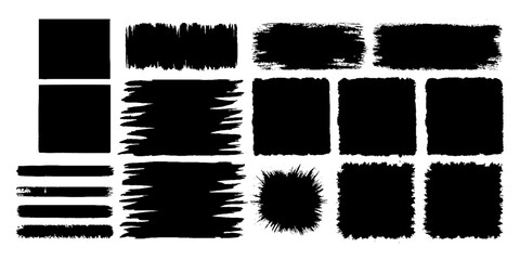 Black set paint, ink brush, brush strokes, brushes, lines, frames, box, grungy, brush collection isolated on white background.  Watercolor splatter, ink splash and creative shape, Vector frame.