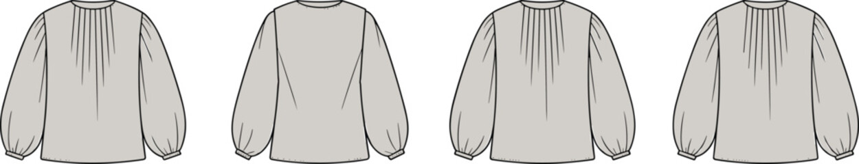 Women’s pleated front and back long sleeve blouse technical fashion flat sketch, clothing design template, cad drawing flat vector illustration