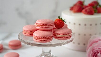 Fototapeta premium Delightful pink macarons displayed on a glass dessert stand with a white backdrop, celebrating sweets and bakery treats