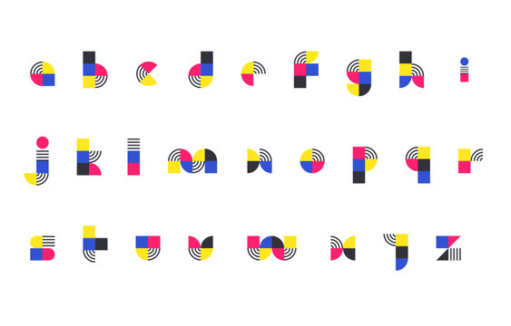 Lowercase Bauhaus Typeface with Colorful Modular Letters in Abstract Primary Shapes