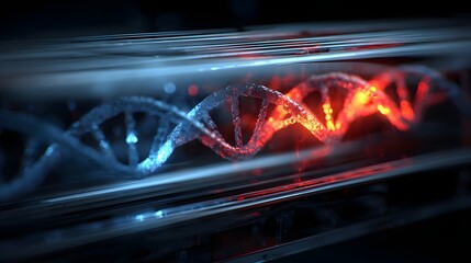 Illuminated double helix structure glows with contrasting cool blue and warm red light inside a transparent tube