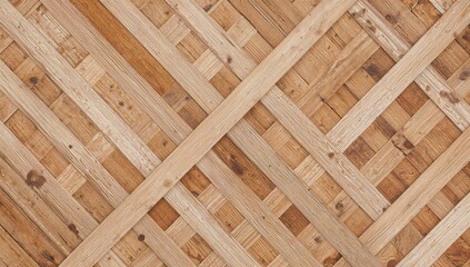 Diagonal pattern of wooden lattice texture on a white surface from above