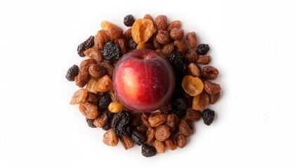 Obraz premium Dried fruits assortment including raisins, apricots, and prunes displayed on a white backdrop