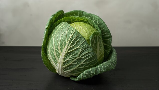 Organic farm fresh savoy cabbage displayed on a dark wooden surface