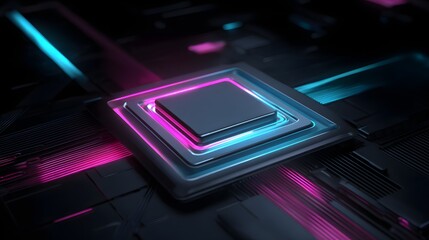 Digital electronic component glows with neon magenta and cyan light on a dark technological surface