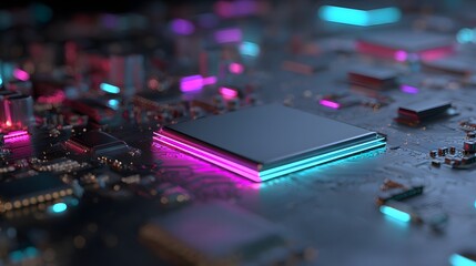 Illuminated integrated circuits display vibrant neon edges on a complex electronic board