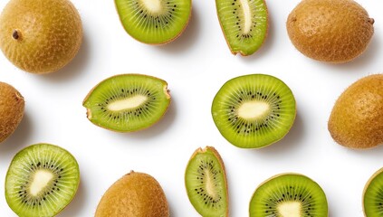 Fototapeta premium Ripe kiwifruits displayed whole and sliced against a plain white background