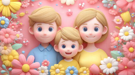 Cheerful Cartoon Family Portrait with Blonde Children Surrounded by Colorful Flowers in Playful Style
