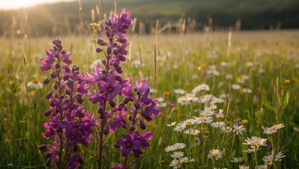 Obraz premium Bright arrangement of violet blossoms flourishing alongside gentle daisies in a sun-kissed field at sunset