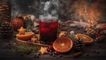 Dark wooden table adorned with spices and a glass of warm mulled red wine
