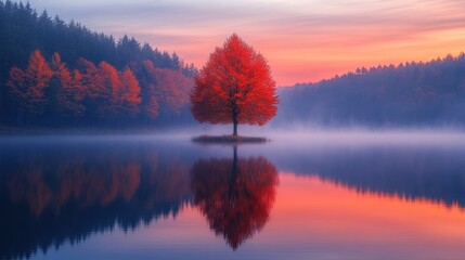Fototapeta premium Autumnal tree mirrored in calm lake