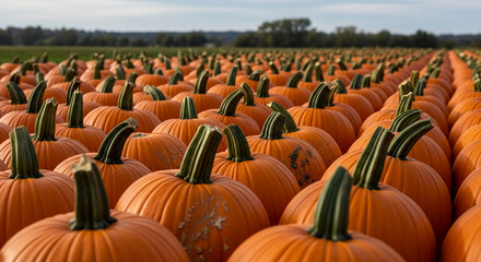 Fototapeta premium Rows of orange pumpkins in a field, showcasing autumn harvest abundance and the beauty of nature's bounty