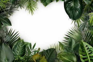 Tropical green leaves creating a natural frame with white copy space on a white background