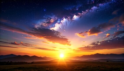 Sunrise over a mountain valley, celestial clouds