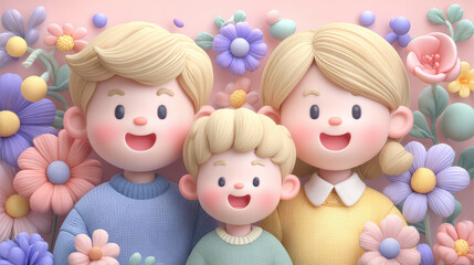 Cheerful Cartoon Family with Blonde Boys Surrounded by Colorful Flowers and Blossoms in a Whimsical Style