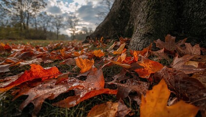 Wet leaves scattered on the soil following a rainfall
