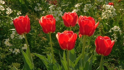 Obraz premium Red tulip blossoms in a vibrant floral garden setting