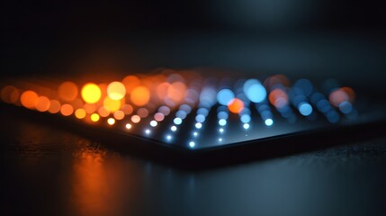 Rows of illuminated points transition from warm orange to cool blue light across a dark, glossy surface.