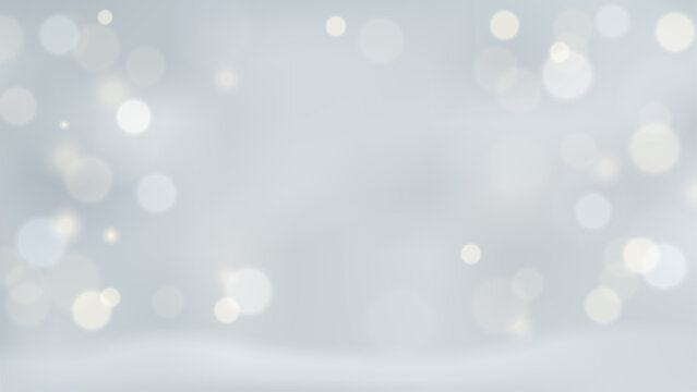 Winter snowy background with blurred bokeh lights effect. Grey snowfall landscape vector illustration.