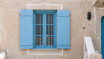 Classic blue window on an old facade of a Mediterranean house