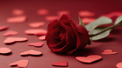Single red rose on flat surface surrounded by multiple heart shapes in soft lighting for romantic themes