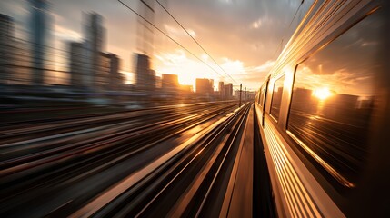 High speed rail transit moves past a blurred city skyline during sunset