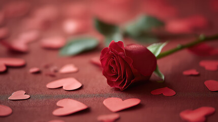 Romantic Red Rose Surrounded by Heart-Shaped Paper Cutouts on a Soft Flat Surface for Valentine's Day Theme