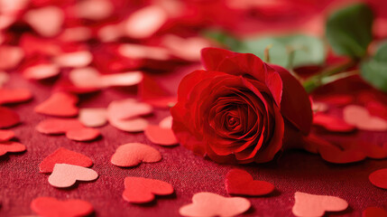 Elegant Red Rose on Flat Surface Surrounded by Colorful Heart Shapes for Romantic Celebrations and Events