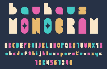 Typeface Monogram Alphabet and Number Set in Pastel Color Palette with Bold Geometric Font