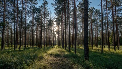 Obraz premium Summer scenes in a dense pine woodland with natural greenery and clear skies