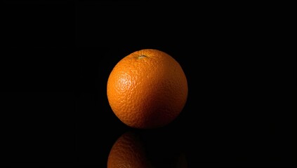 Single citrus fruit with mirrored surface on dark backdrop