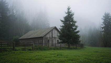Fototapeta premium A charming timber cottage nestled in foggy foliage, framed by towering trees and enveloped in gentle mist.