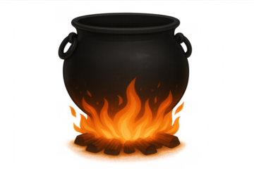 Black cauldron on bonfire making magic potion