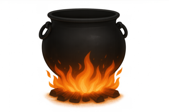 Black cauldron on bonfire making magic potion