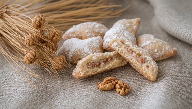 Classic Middle Eastern festive cookies for Eid al-Fitr, often dusted with powdered sugar and filled with various nuts like hazelnuts and walnuts