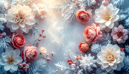 柔らかな日差しに包まれたピンクフラワーのトップダウン背景

花びらが織りなす優雅でロマンティックなデザインスペース　重なり合うピンクの花々が作る春の夢のようなフォトリアル背景