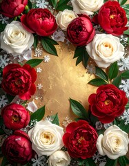 グリーンの花びらと金箔が織りなす自然とラグジュアリーのテクスチャ

柔らかな光に輝くグリーンリーフとゴールドの上品な背景　有機的な緑と金のきらめきが広がる高級感あるフラットレイ

