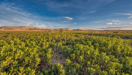 Lush vegetation covering sandy hills in a natural setting