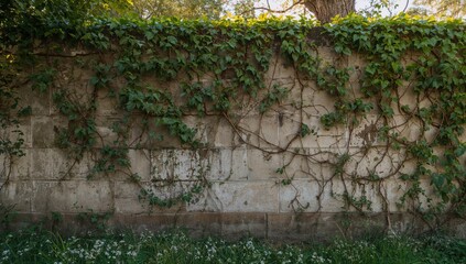 A weathered concrete barrier draped in lush green ivy
