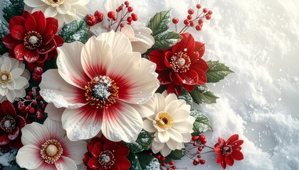 クリムゾンとアイボリーの花びらが織りなす静かな冬の朝のフラットレイ

深紅と森の緑に霜がきらめくウィンターフローラルテクスチャ　雪の結晶が光を受けるエレガントな冬の花背景
柔らかな自然光が包む上品な冬のフローラルデザインスペース