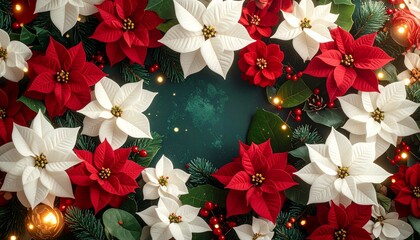 赤いバラと白い紫陽花、そしてグリーンの葉が織りなすエレガントなトップダウン構図。
柔らかな自然光が花びらの陰影を際立たせ、上質で温かみのある雰囲気を演出します。
片側の余白は文字やロゴ配置に最適。
ホリデーシーズンの広告、ギフト、コスメ、ウェディングビジュアルに最適な背景です。